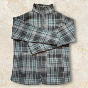 Gray Plaid Women’s Fleece Jacket-funnel neck-size L-handmade-with hood scarf